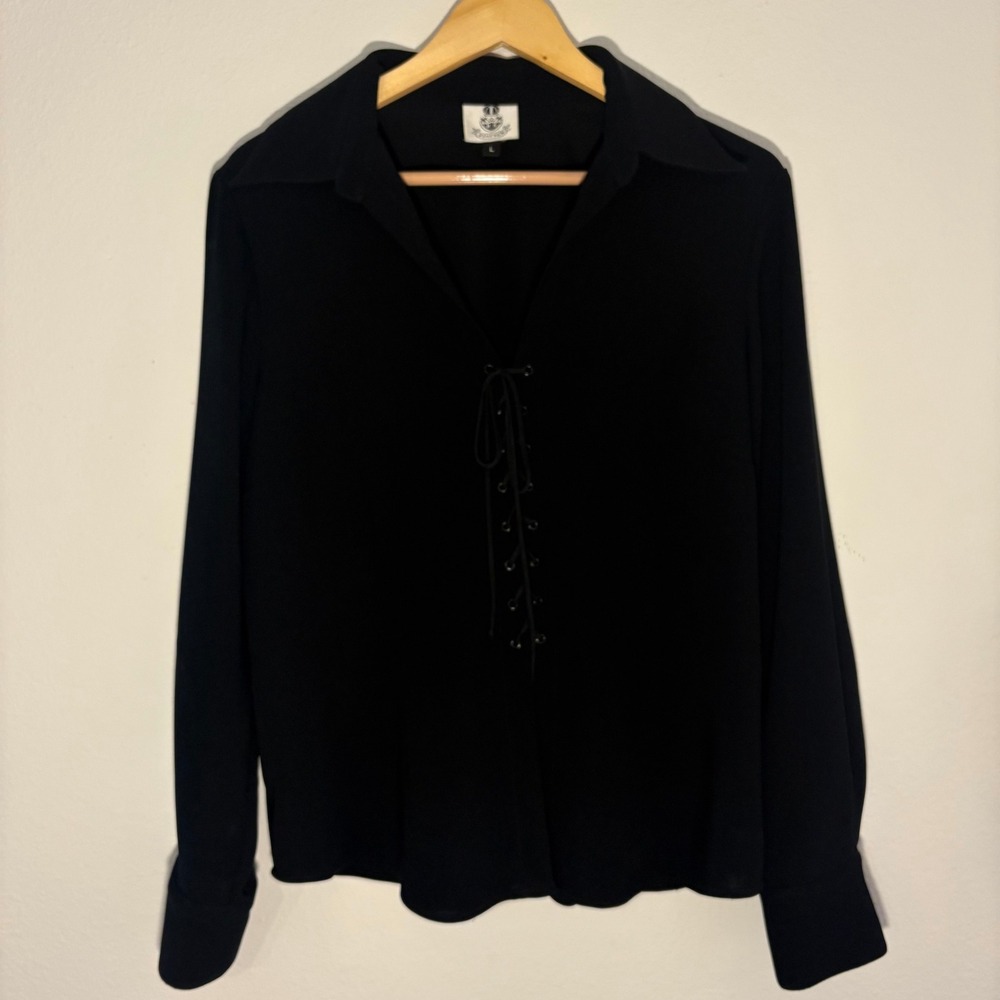 Renfrew Black Lace Up Front Long Sleeve Blouse Top Size L Made in USA